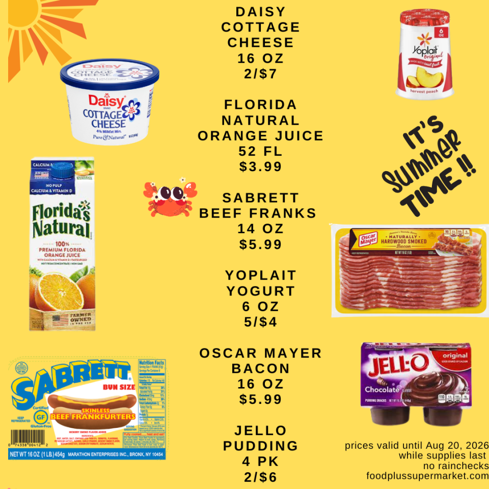 A promotional grocery flyer for Food Plus Supermarket featuring dairy and frozen items alongside a small palm tree graphic. Deals include: Chobani (5.3 oz) at 5 for $5; Silk Almond Milk (1/2 GAL) at $3.99; Brown & Serve Beef Links (6.4 oz) at 2 for $5; Brown & Serve Original (6.4 oz) at 2 for $3; Breyers Ice Cream (1.5 QT) at 2 for $7; Popsicle Ice Pops (6-18 PK) at $4.99; and Marinos Italian Ice (6 PK) at 2 for $6. The bottom corner reads, 