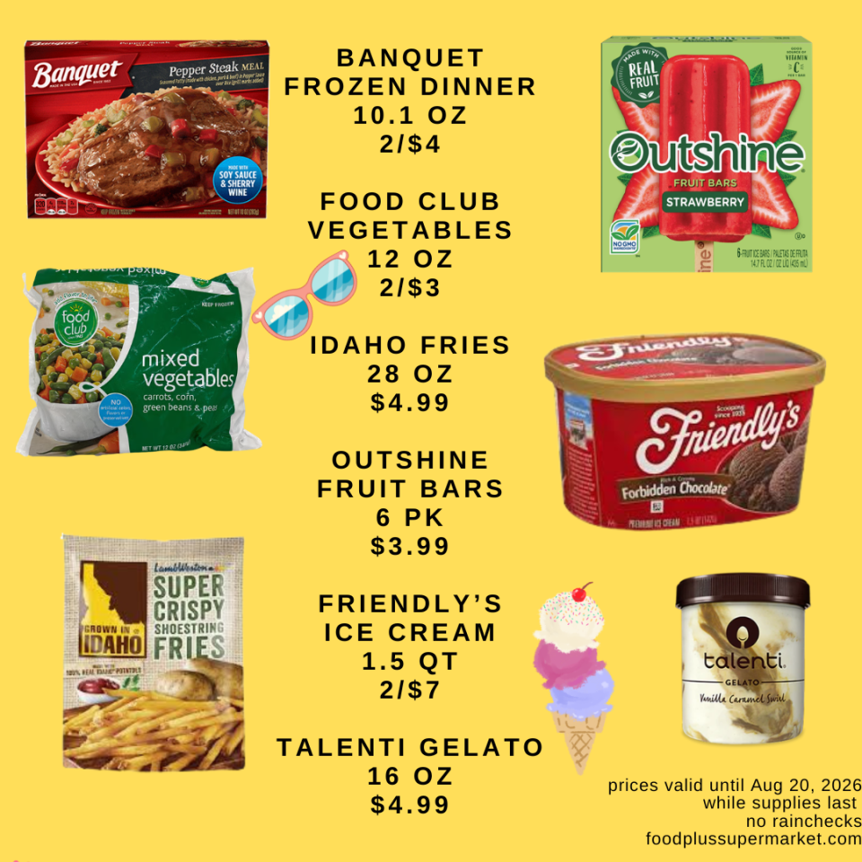 A promotional grocery flyer for Food Plus Supermarket featuring snacks and pantry staples, decorated with a graphic of a smiling sun wearing sunglasses. Deals include: Chips Ahoy (9.5-19.5 oz) at $4.99; Pringles (5.2 oz) at 2 for $5; Tostitos (10 oz) at 2 for $8; Goya Canilla Rice (10 LB) at $6.99; and Goya Malta (12 FL) at .99. The bottom corner reads, 
