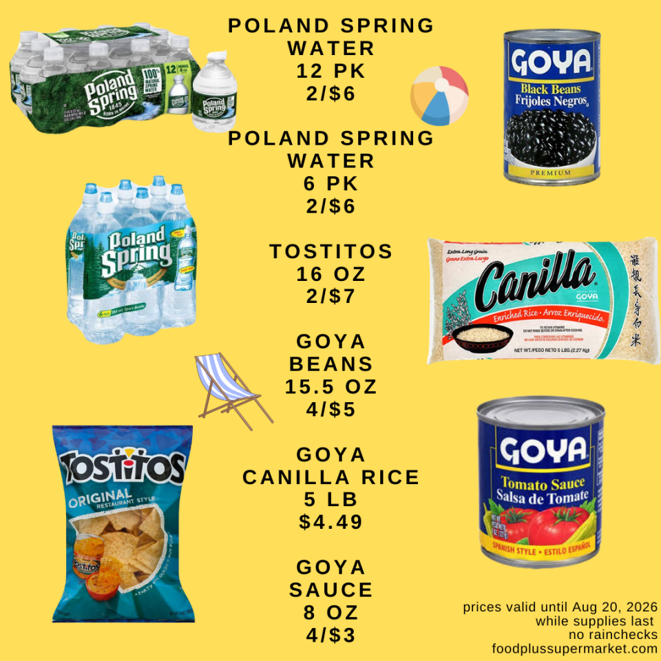 A promotional grocery flyer for Food Plus Supermarket displaying beverage specials next to a graphic of a refreshing iced drink. Deals include: Pepsi (2L) at 2 for $5; Coke (2L) at 2 for $5; Canada Dry (12 PK) at $7.99; and Modelo Corona, Heineken (12 PK) at $19.99. The bottom corner reads, 