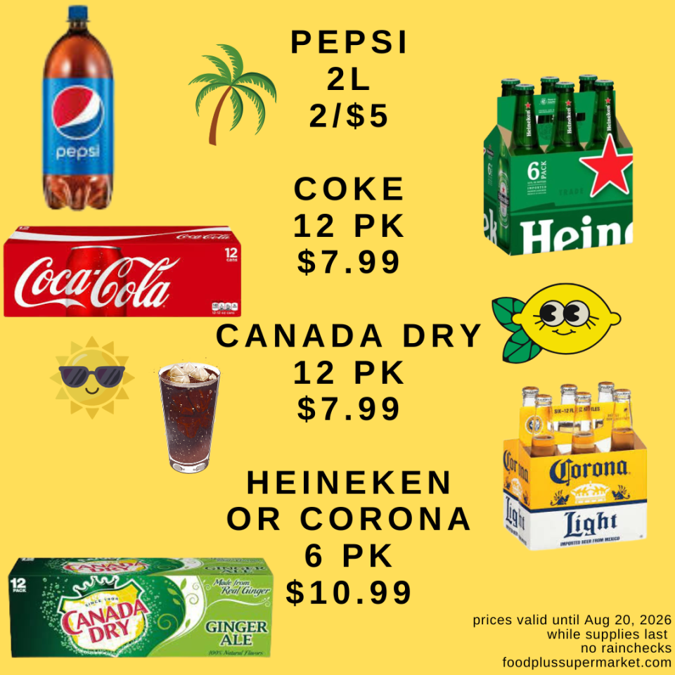A promotional grocery flyer for Food Plus Supermarket featuring pantry items with a 