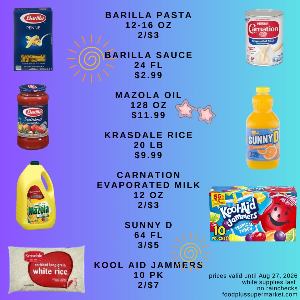 Food Plus Supermarket weekly flyer (page 6) listing pantry deals for Barilla pasta (12-16 oz, 2/$3), Barilla sauce (24 fl oz, $2.99), Mazola oil (128 oz, $11.99), Krasdale rice (20 lb, $9.99), Carnation evaporated milk (12 oz, 2/$3), Sunny D (64 fl oz, 3/$5), and Kool-Aid Jammers (10 pk, 2/$7), valid until August 27, 2026