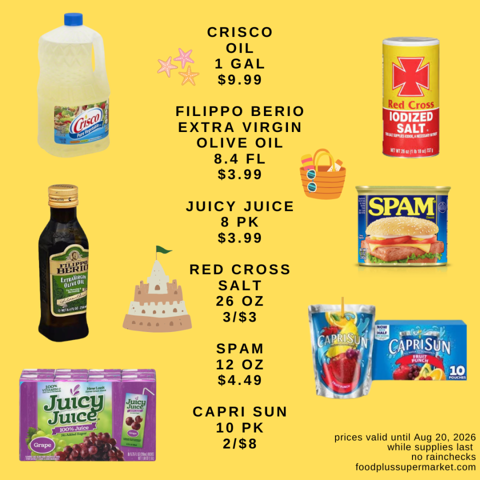 A blue supermarket flyer for Food Plus Supermarket featuring dry goods and canned items. Text reads: 