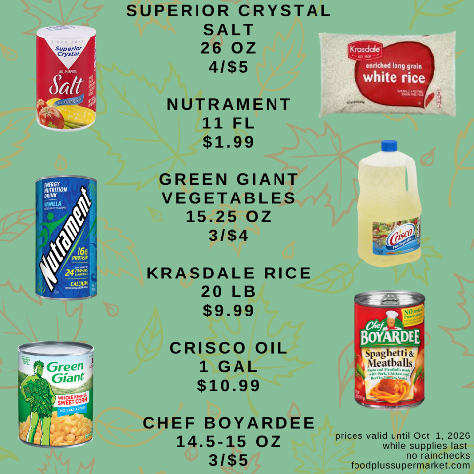 Grocery store promotional flyer from foodplussupermarket.com (prices valid until Oct 1, 2026) decorated with autumn leaves and a gnome, featuring beverage deals: Saratoga Sparkling Water (28 FL) for 2/$5, Pepsi (2L) for 2/$5, Coke (2L) for 2/$5, Canada Dry (12 PK) for $5.99, and Heineken or Corona (12 PK) for $19.99