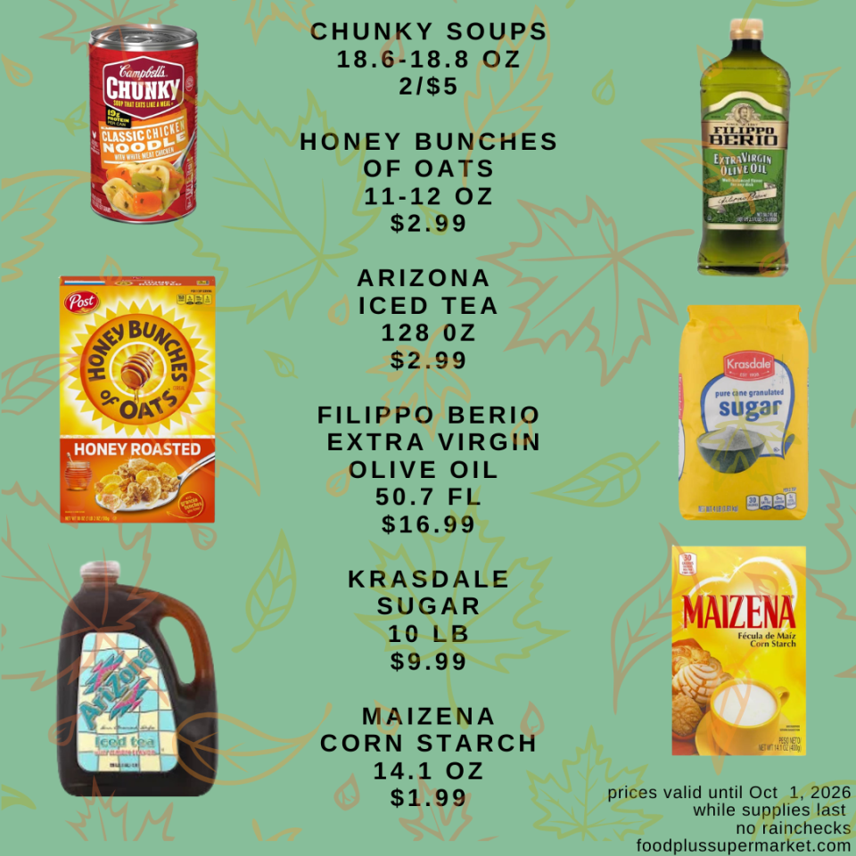 Grocery store promotional flyer from foodplussupermarket.com (prices valid until Oct 1, 2026) with faint leaf graphics, featuring: Superior Crystal Salt (26 OZ) for 4/$5, Nutrament (11 FL) for $1.99, Green Giant Vegetables (15.25 OZ) for 3/$4, Krasdale Rice (20 LB) for $9.99, Crisco Oil (1 GAL) for $10.99, and Chef Boyardee (14.5-15 OZ) for 3/$5